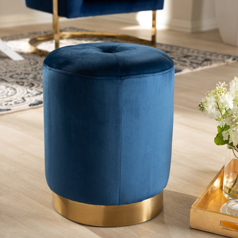 32cm Wide Velvet Tufted Round Solid Colour Standard Ottoman, Blue