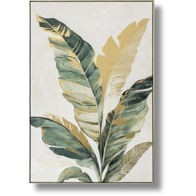 Golden Tropics Banana Leaf Elegance Canvas Wall Art - 33" x 48" - Champagne Silver Frame