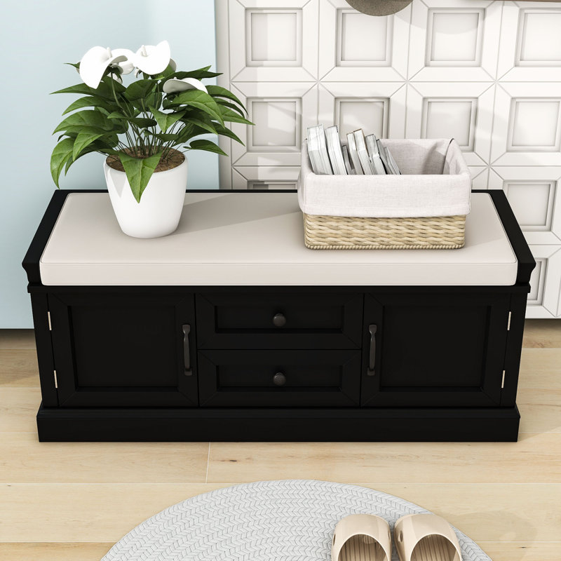 Storage Bench with 2 Drawers, 2 Cabinets and Removable Cushion for Entryway, Black