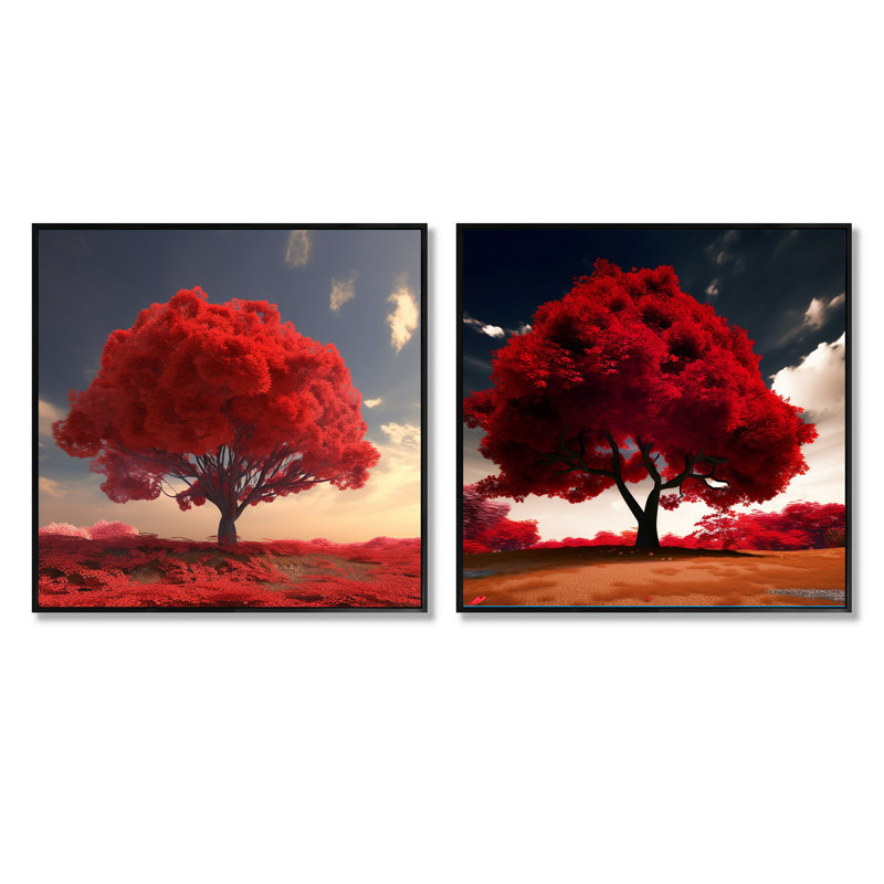 Les plus beaux arbres jaunes de la campagne - ensemble de 2 arbres carrés, Cadre flottant noir, H 16 po x l 33 po