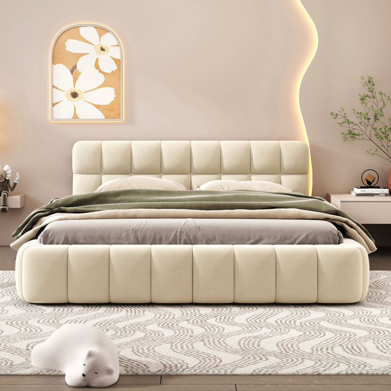 Lit plateforme tapissier avec tissu épais, lit au sol avec structure solide, Beige
