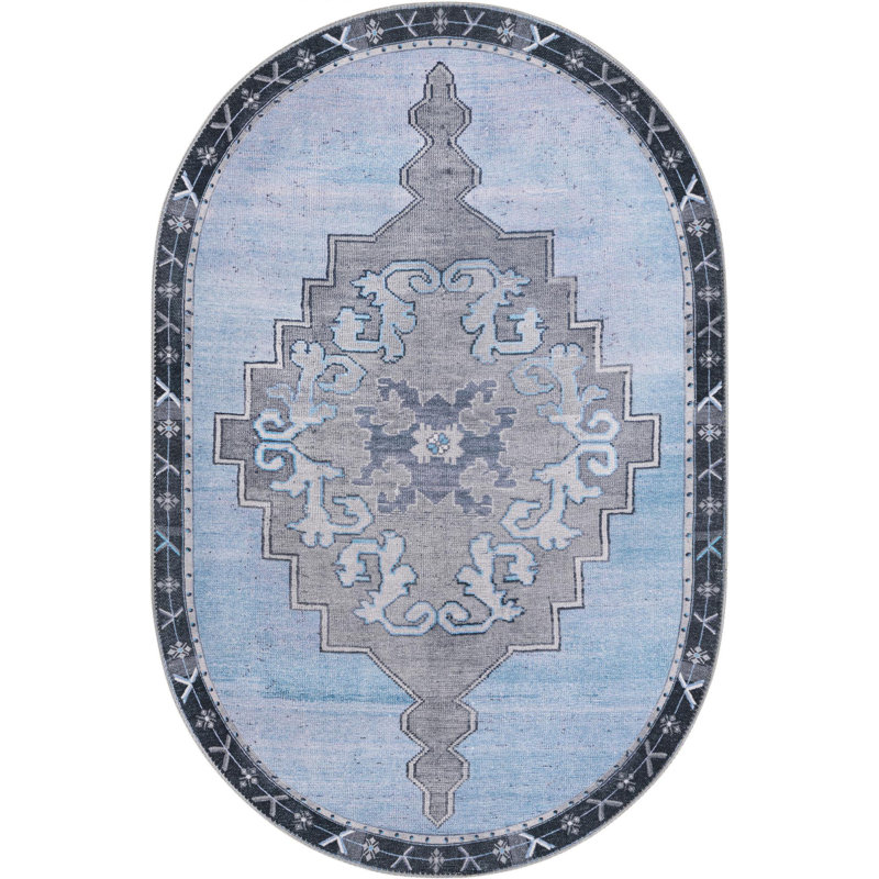 Tapis traditionnel de couleur gris-bleu, Ovale 4 pi x 6 pi