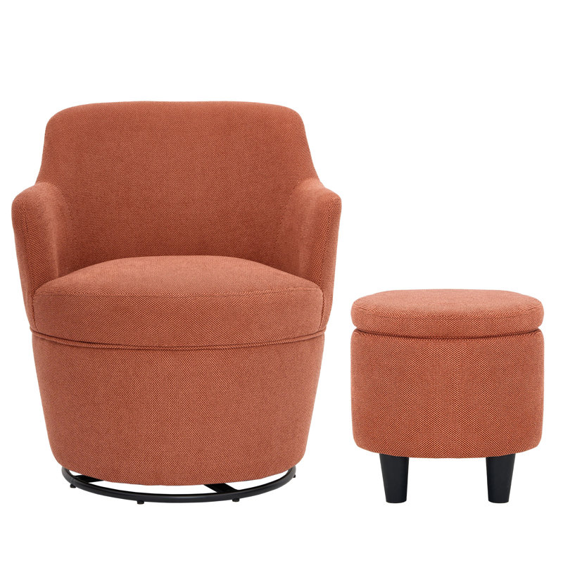 360° Modern Swivel Barrel Chair with Storage Ottoman, Orange