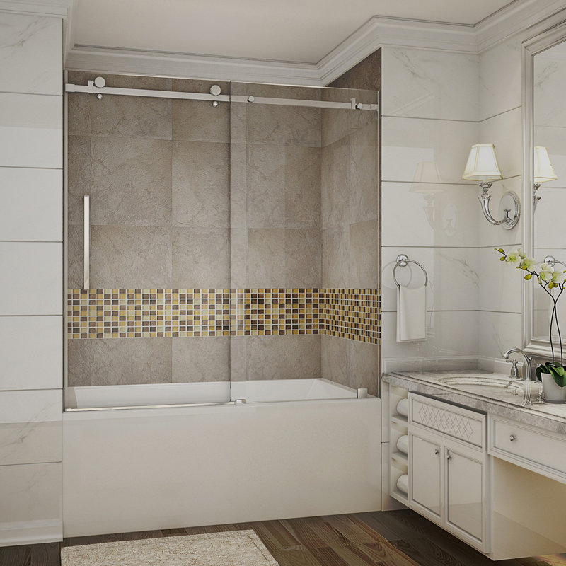 Moselle 60" H Single Sliding Frameless Tub Door, Stainless Steel
