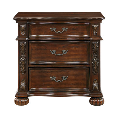 Table de chevet traditionnelle pour chambre à coucher - 3 tiroirs, finition cerisier, bois, glissières à roulement, poignées en bronze antique