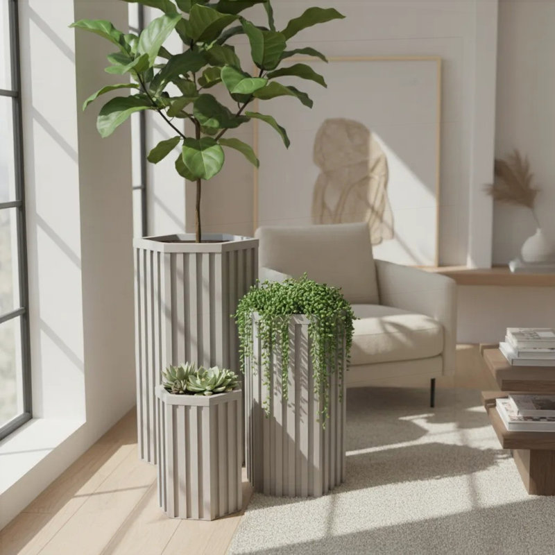 Hexagon Column Planter SM - Lightweight Aluminum with Modern Wood-Tone Finish and Adjustable Depth for Versatile Gardening