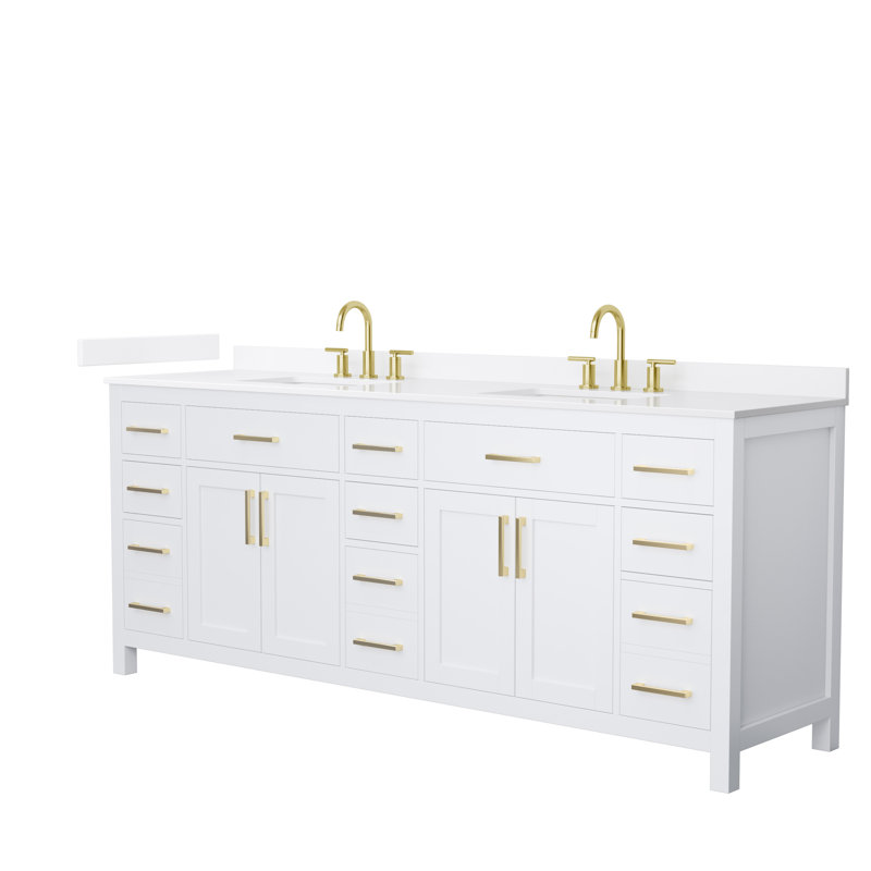 Beckett 84" Freestanding Double Bathroom Vanity with Quartz Top, White, Brushed Gold, White Quartz