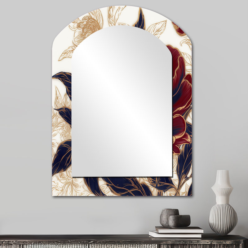 Fleur d'œillet rouge bleu I - œillets, miroir mural asymétrique rouge, impression sur métal, 34 po x 25 po
