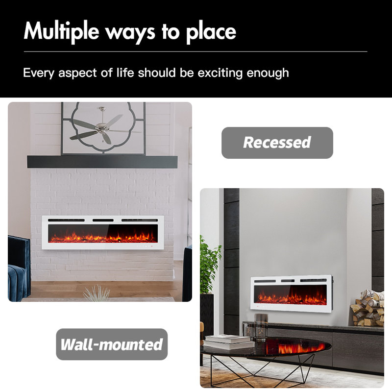 60" White 3-in-1 Electric Fireplace Heater, 12 Color Flame with Breathing Flame, White, 17" H x 60" W x 4" D