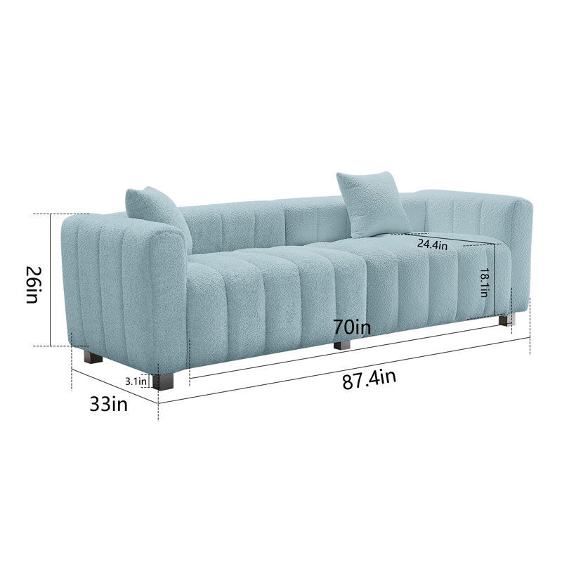 Causeuse 3 places 87,4 po en velours de qualité supérieure, canapé rembourré moderne avec pieds en métal et 2 coussins, Bleu