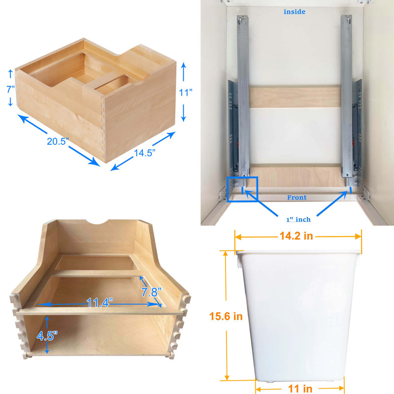 45 Quart Double Bins, Bottom Mount Soft Close Pull Out Trash Can Wooden Drawer