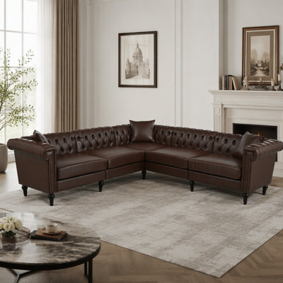 Sectional Sofa Couch for Living Room, L Shaped Reversible Modern Chesterfield Sofa with Rolled Arms and Nailhead, 5 Seat Tufted Couch for Small or Lar