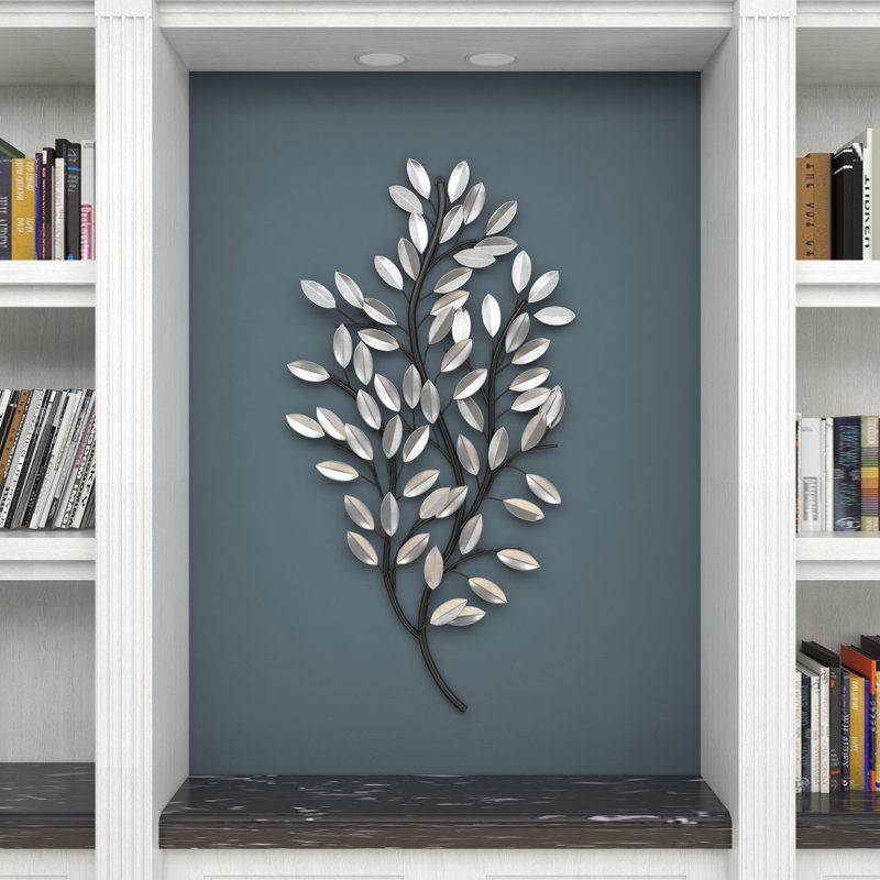 Décoration murale avec feuille métallique argentée et tige, Argent