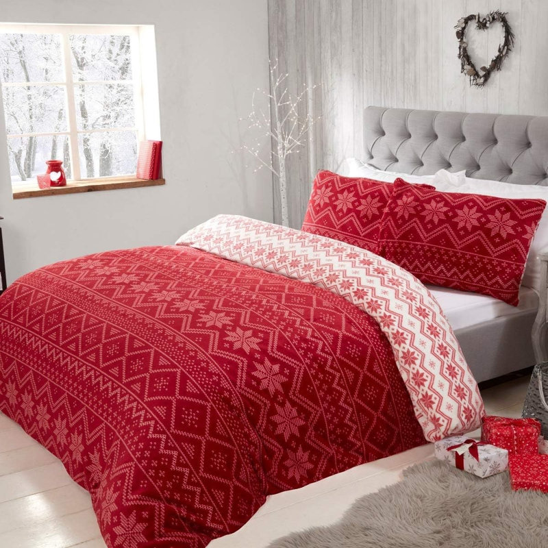 Double Fairisle Fleece Duvet Set, Red Striped, Single Duvet Cover + 1 Standard Pillowcase