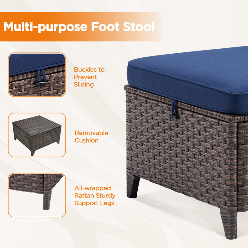 Ensemble de paires de repose-pieds de qualité supérieure, 2 repose-pieds toutes saisons multifonctionnels avec coussin amovible, osier en PE et structure en fer pour patio, piscine et jardin
