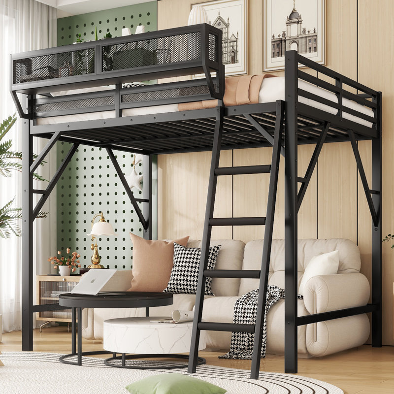 Queen Size Metal Loft Bed with Ladder and Storage Shelves, High Loft Bed for Kids and Teens, Black, Black, Queen