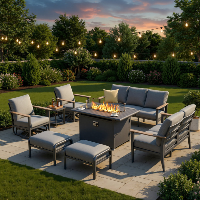 9-Person Aluminum Outdoor Patio Conversation Set With Propane Fire Pit Table, Swivel Rocking Chairs, Wood-Look Armrests & 5.12" Thick Cushions