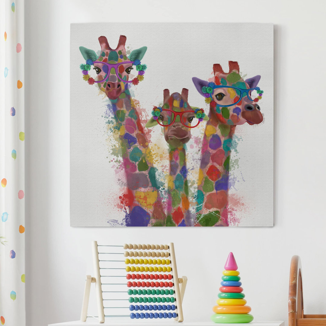 Leinwandbild Regenbogenspritzer - Giraffen-Trio