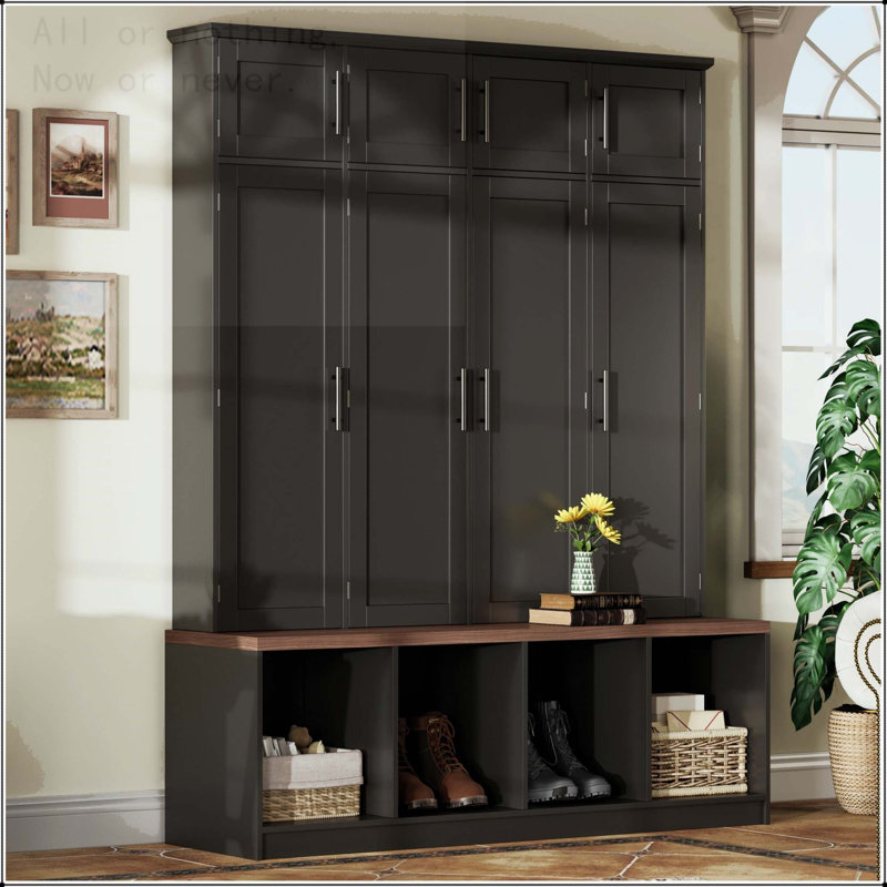 4-in-1 Hall Tree with 8 Cabinets and Hidden Hooks, Black