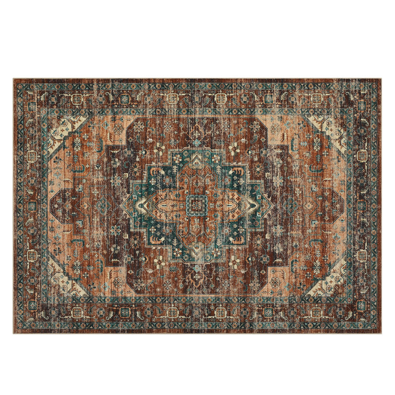 Machine Washable Area Rug Vintage Area Rugs Non Slip Backing Distressed Carpet for Living Room Kitchen Entryway, Brown