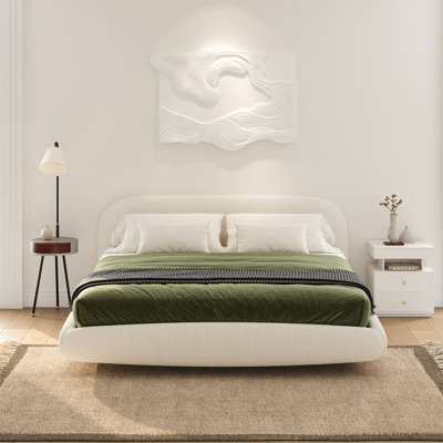 King Size White Boucle Upholstered Floating Bed Frame With Led Lights