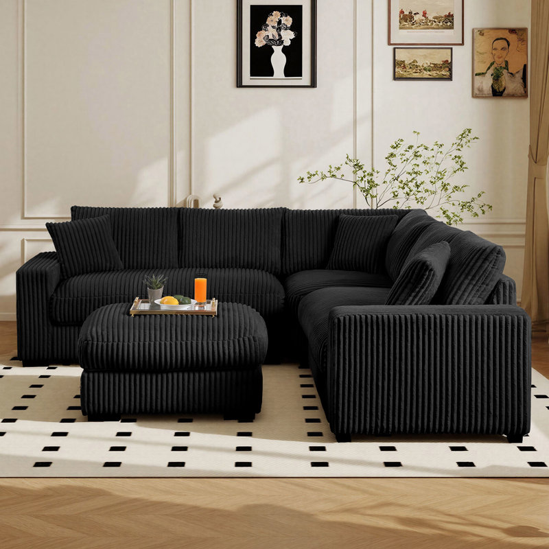 Canapé modulaire en L en velours côtelé de 98,7 po de largeur avec repose-pieds multifonctionnel Clithoe, Velours côtelé noir