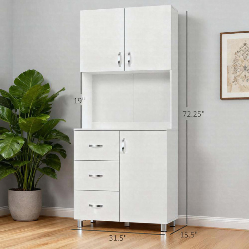 Armoire de cuisine blanche 72 po avec 2 portes, 3 tiroirs et tablettes réglables
