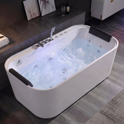 Baignoire tourbillon 67 po x 35 po pour 2 personnes, baignoire à jets de luxe avec 12 jets d'hydromassage, 8 jets à bulles d'air, robinet à cascade dissimulé de 800 mm, commande pneumatique, pompe certifiée UL / ETL