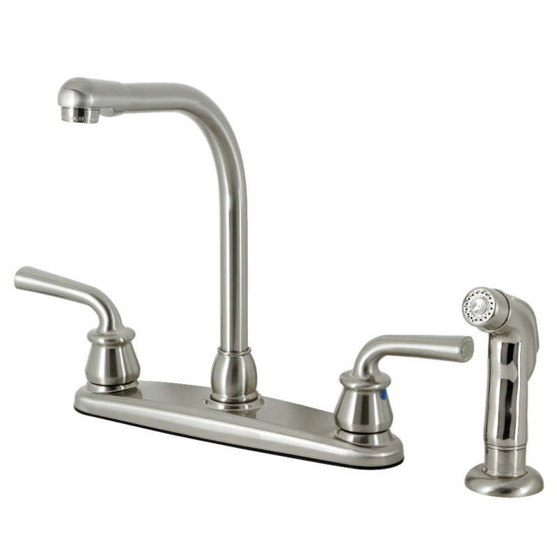 Robinet de cuisine à poignée double Restoration, Avec jet latéral, Nickel brossé