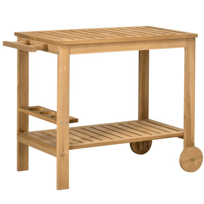 Wood Outdoor Bar Cart - 2 Shelf Rolling Serving With Wine Bottle Holders For Garden, Dining, Natural Style Garden And Look