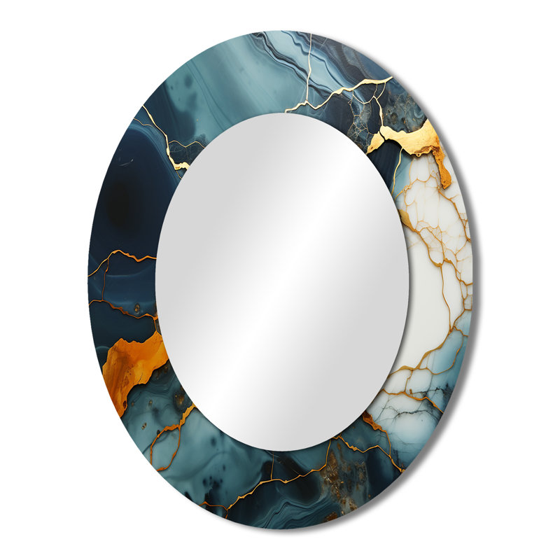 Gold And Green Serene Abstract Marble Dream I - Abstract Oval Decorative Mirror On Metal, 43" x 33"