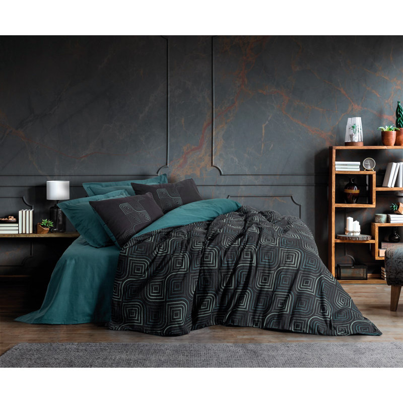 Premium Petrol Blue Ranforce Single Quilt Cover Set, 55.1 x 78.7 inches | 100% Cotton, 145 Thread Count | Machine Washable, Button Closure Duvet & Envelope Pillowcase | Elegant Reactive Printing for Cozy Bedroom