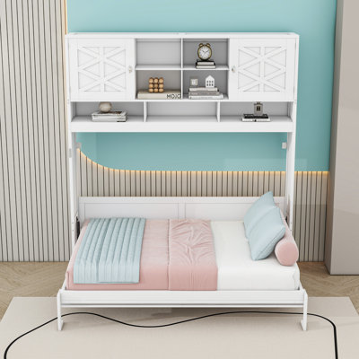 Grand lit escamotable en bois avec rangement hydraulique et tablettes