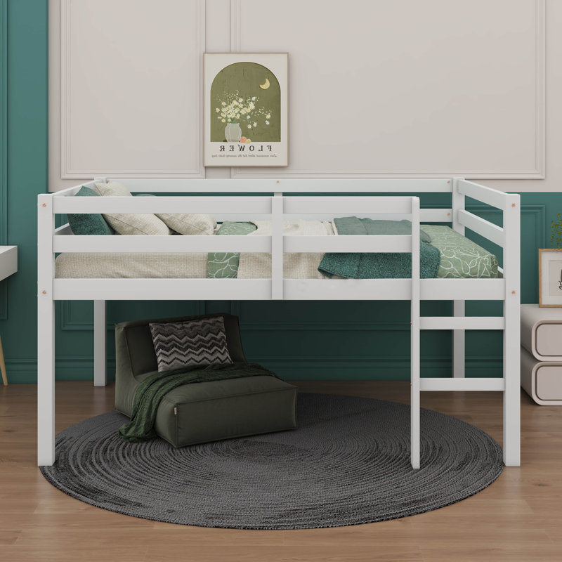 Structure de lit double, lit mezzanine compact en bois d'hévéa avec marches pour un accès facile, White