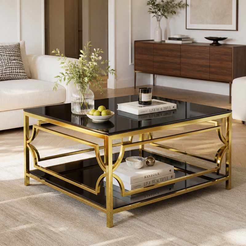 Table basse carrée en verre de 33,5 po, cadre géométrique luxueux, tablette inférieure, Black