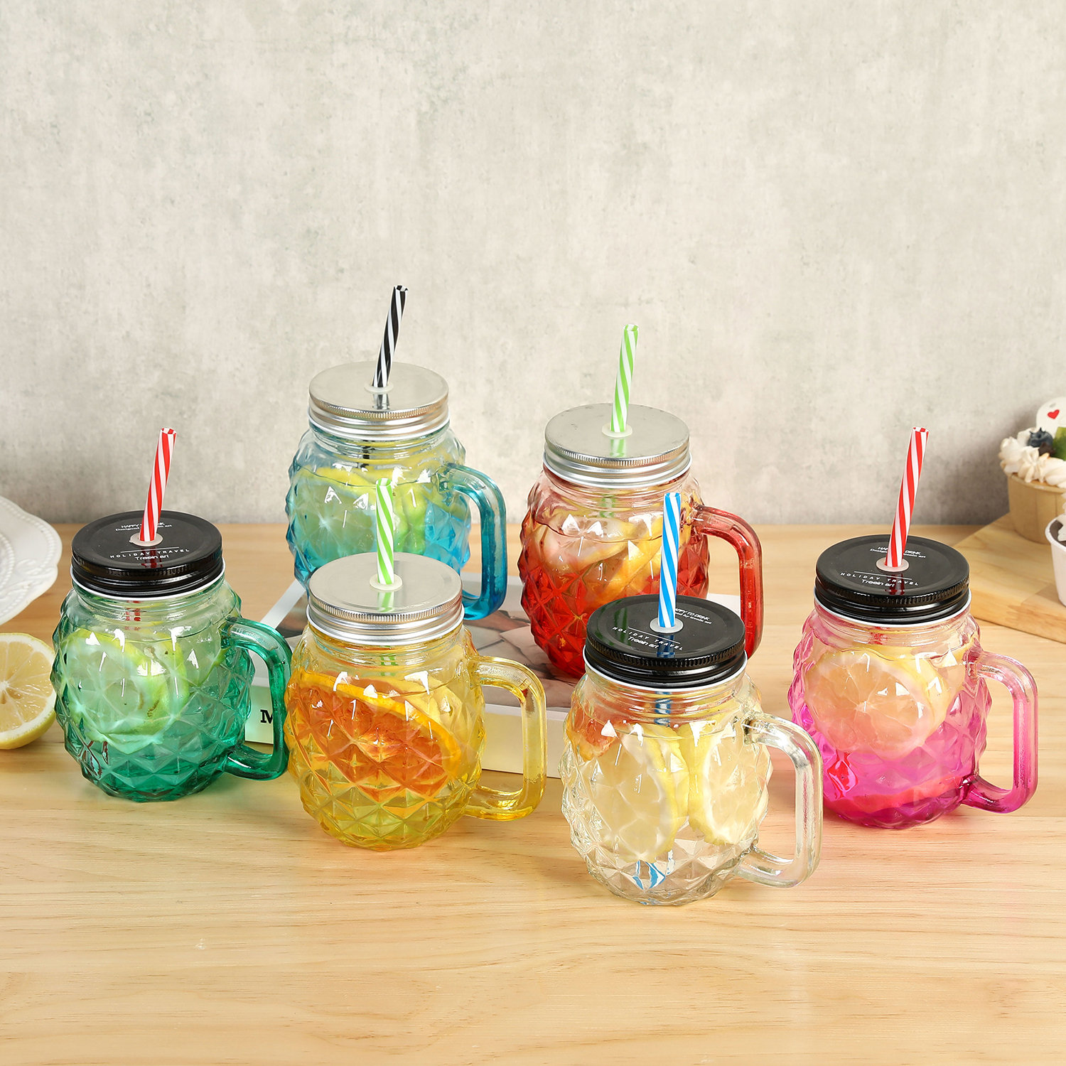 Colorful Pineapple-Shaped Mason Jar Mug Glasses with Straws & Lids, Set of  6