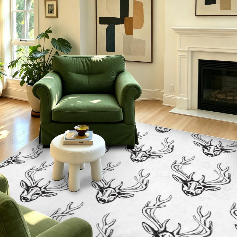 Tapis d'intérieur blanc lavable à la machine, avec motif de tête de cerf et de bois., Rectangle 55 po x 79 po
