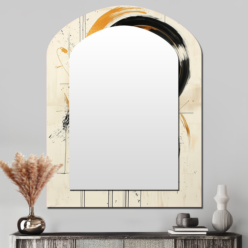 Black And Gold The Art Of Circle Chaos VI - Abstract Shapes Asymmetrical Decorative Wall Mirror, Black Arch Large Mirror, Printed Metal Art