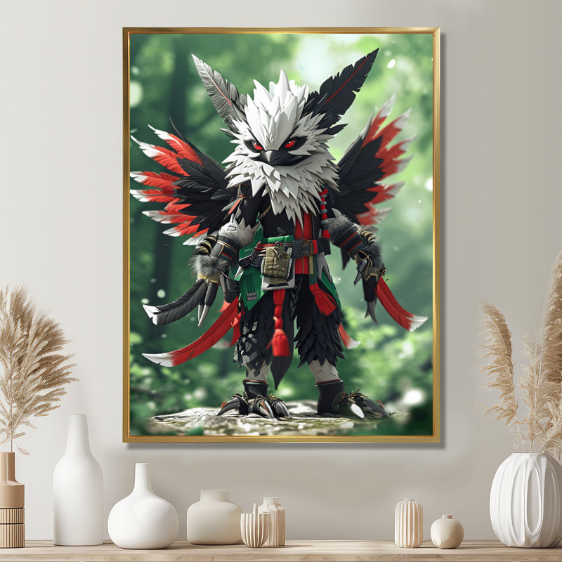 Hibou blanc à plumes fantaisie Warrior, Toile flottante dorée encadrée, H 32 po x l 24 po