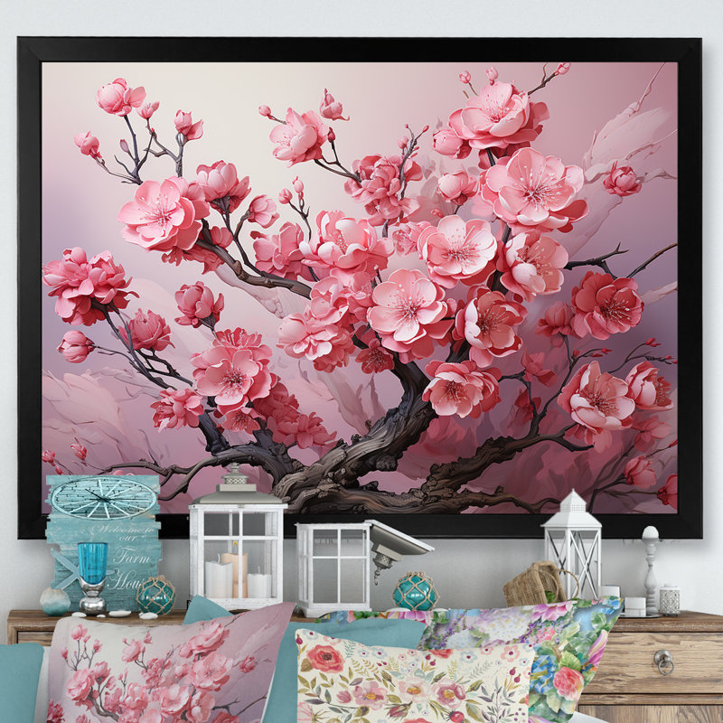 Cerisier rose Elegance In Bloom I - Art mural cerisier en fleurs, Cadre d'angle fermé noir, H 34 po x l 44 po x P 1,5 po