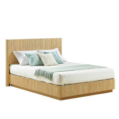 Platform Bed Frame with LED Lights,Modern Wooden Corrugated Curved Lines,Convex Groove Board Design