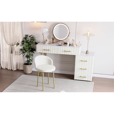 Velvet Upholstered Vanity Desk with Chair, Vanity Set with 5 Big Drawers, Makeup Table with Padded Chair, Marble-Look Sticker Top Dressing Table with by Mercer41
