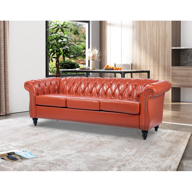 Annalena 84.65'' Faux Leather Sofa, Orange Faux Leather
