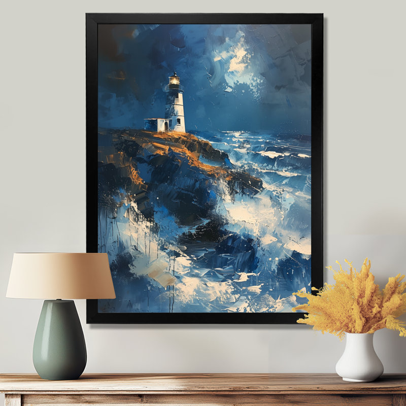 Décoration murale phare bleu orageux II - Phares, Cadre simple noir, H 24 po x l 32 po