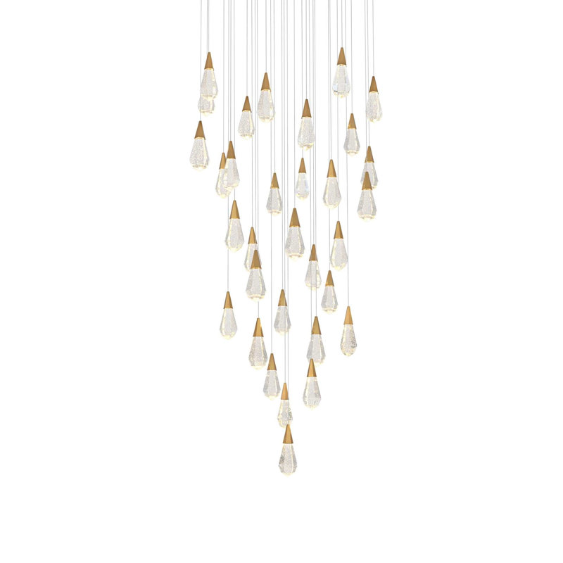 Lustre rond en cristal Belote de 42 po Belote, H 10 po x l 42 po x P 42 po, Or satiné, 32 lumières