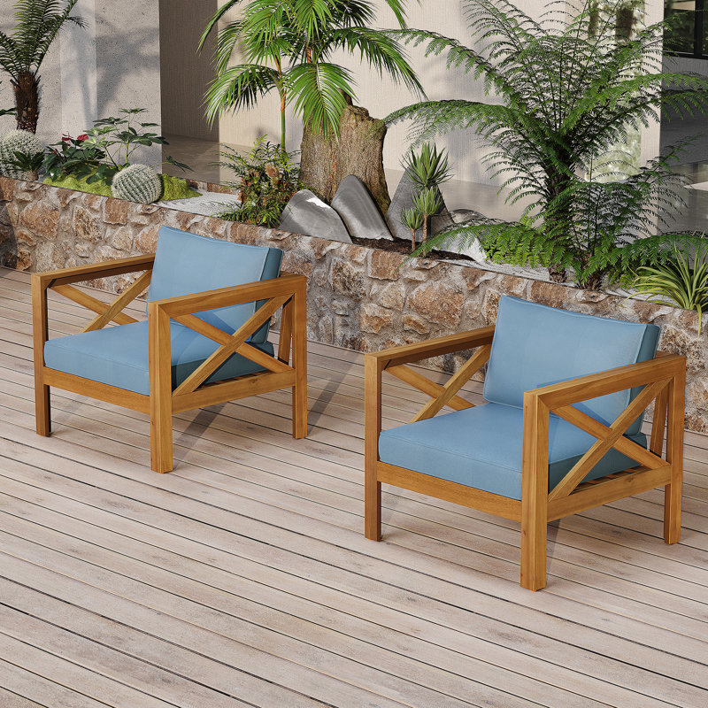 Fauteuil club d'extérieur en bois d'acacia avec coussins (ensemble de 2), ensemble conversation, finition teck, coussin bleu