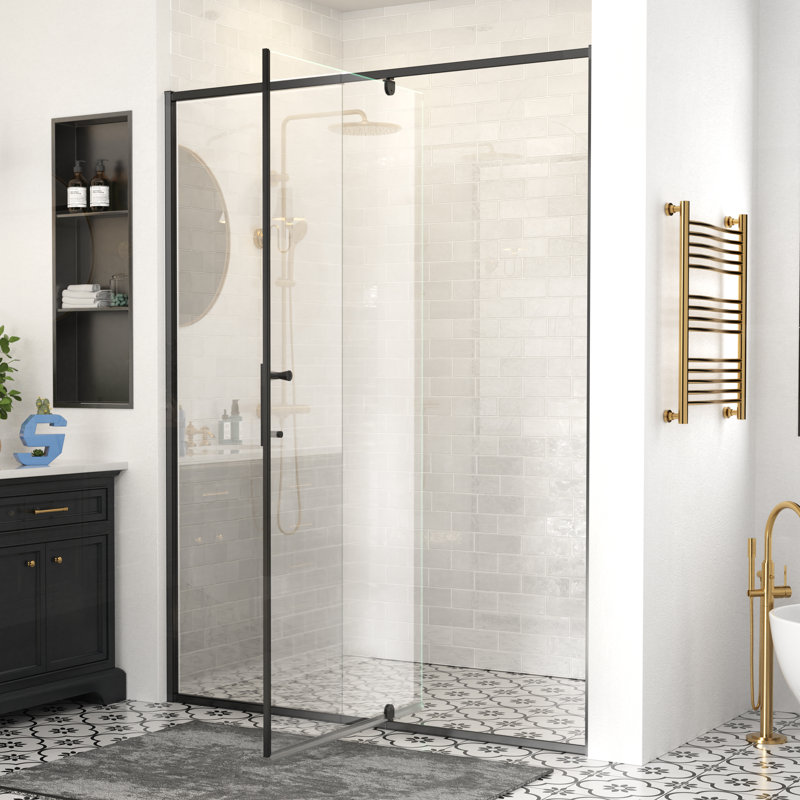 44-48＂W X 71＂H Semi-Frameless Pivot Swing Shower Door with 1/4＂Tempered Glass, Black