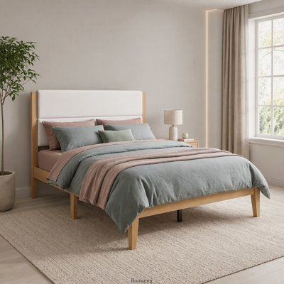 Lit plateforme double Mid-Century avec tête de lit tapissier et lattes en bois massif, brun, aucun sommier tapissier requis