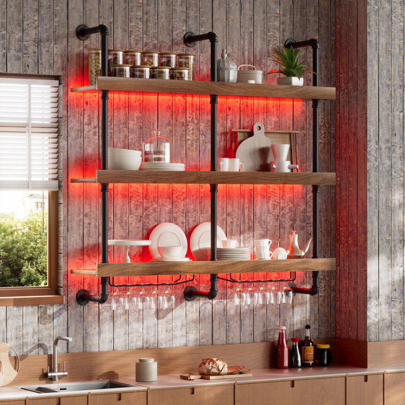 Tablettes de bar flottantes pour boissons alcoolisées, support à vin mural avec lumière DEL, support à vin suspendu avec porte-verres à pied en verre pour la cuisine, la salle à manger, le présentoir de décoration de bar