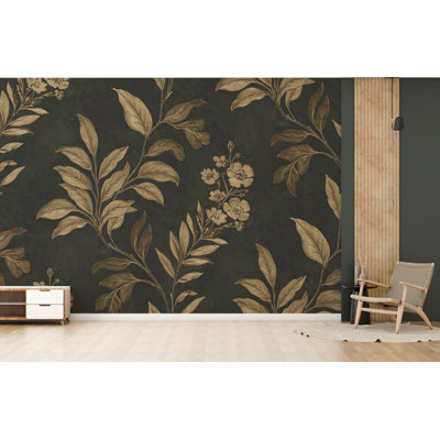 Papier peint botanique luxueux - Feuilles et fleurs dorées à grande échelle sur fond gris anthracite, motif dramatique élégant (non tissé)
